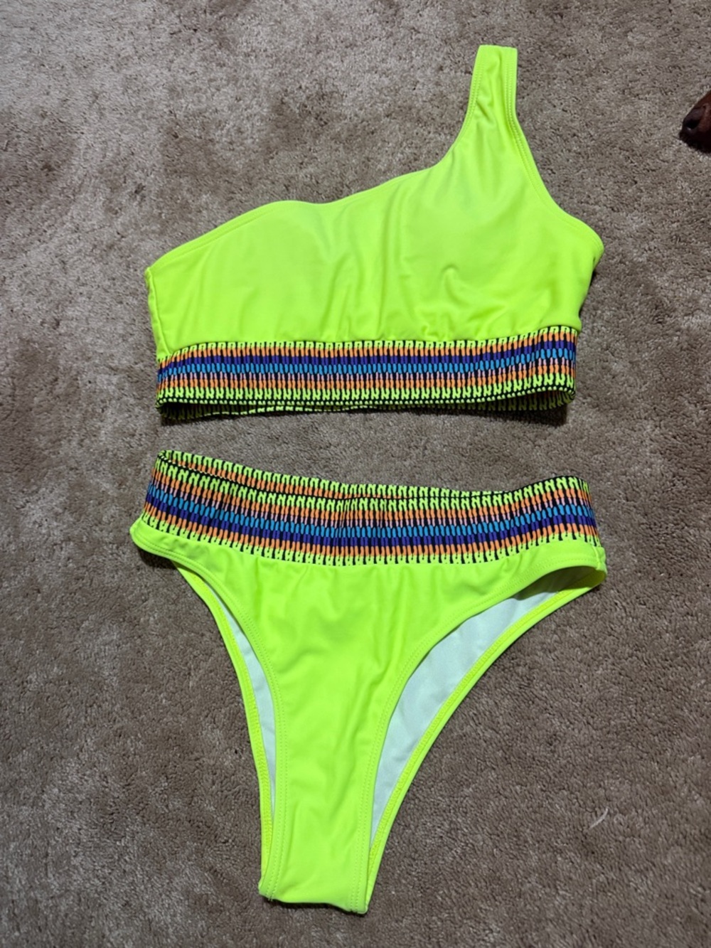Neon Lime One-Shoulder Bikini Set with Multicolor Waistband